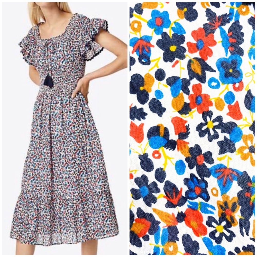 Tory Burch Wildflower Floral Tiered Off shoulder Smoked Navy piping Midi Dress S